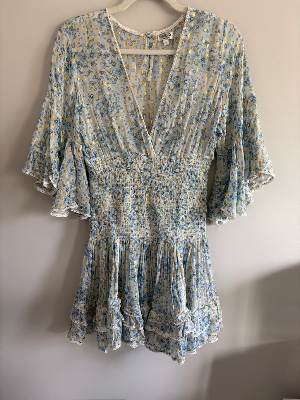 Sunday Saint Tropez Blue Floral Smocked V-Neck Ruffle Dress
